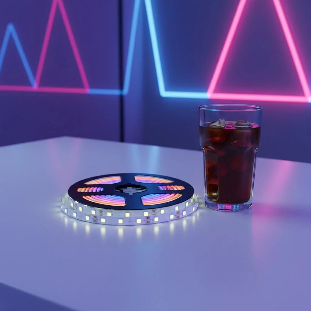 Battery LED strip lights illuminating a modern kitchen