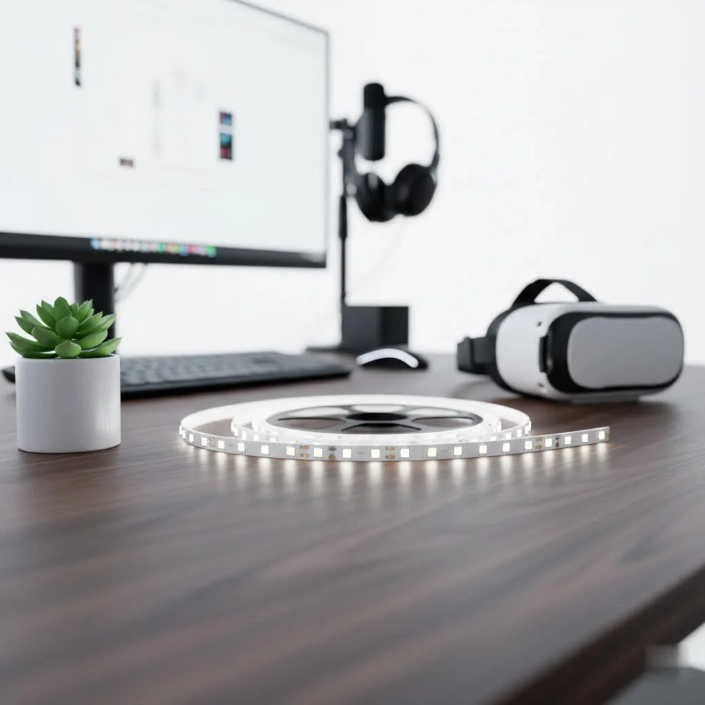 Dimmable LED strip lights illuminating a modern living room