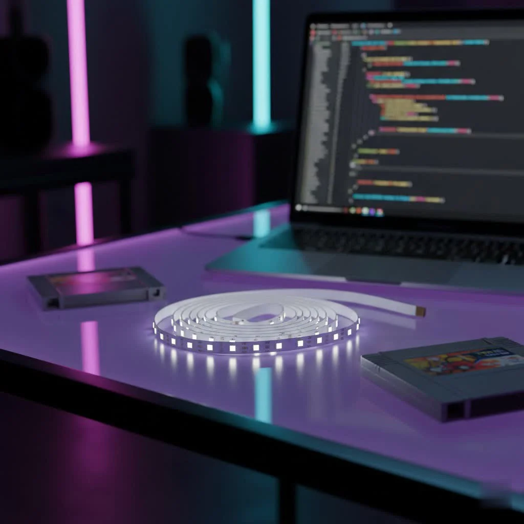 Small LED strip lights illuminating a modern kitchen counter