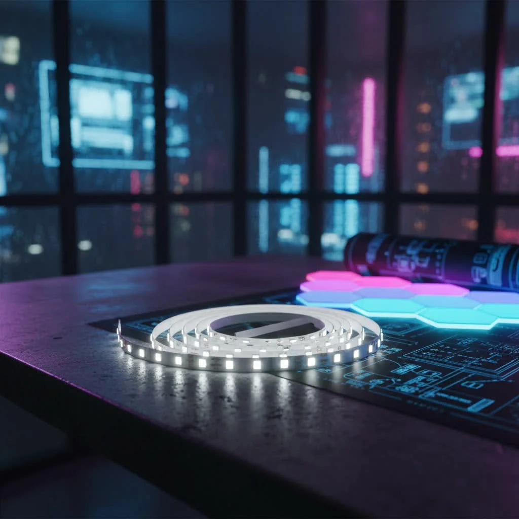 Motion sensor LED strip illuminating a modern kitchen counter