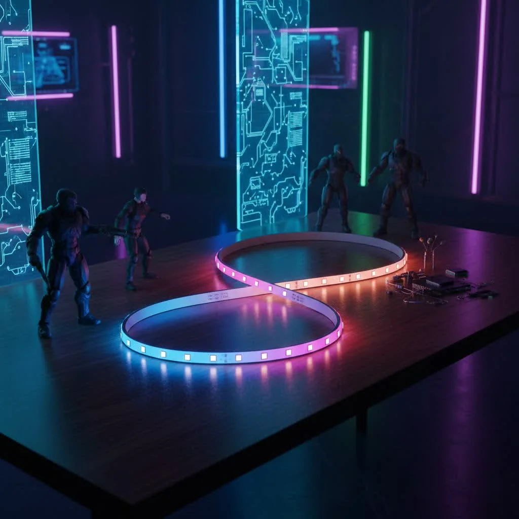 Flexible neon LED strip light glowing in a vibrant blue hue