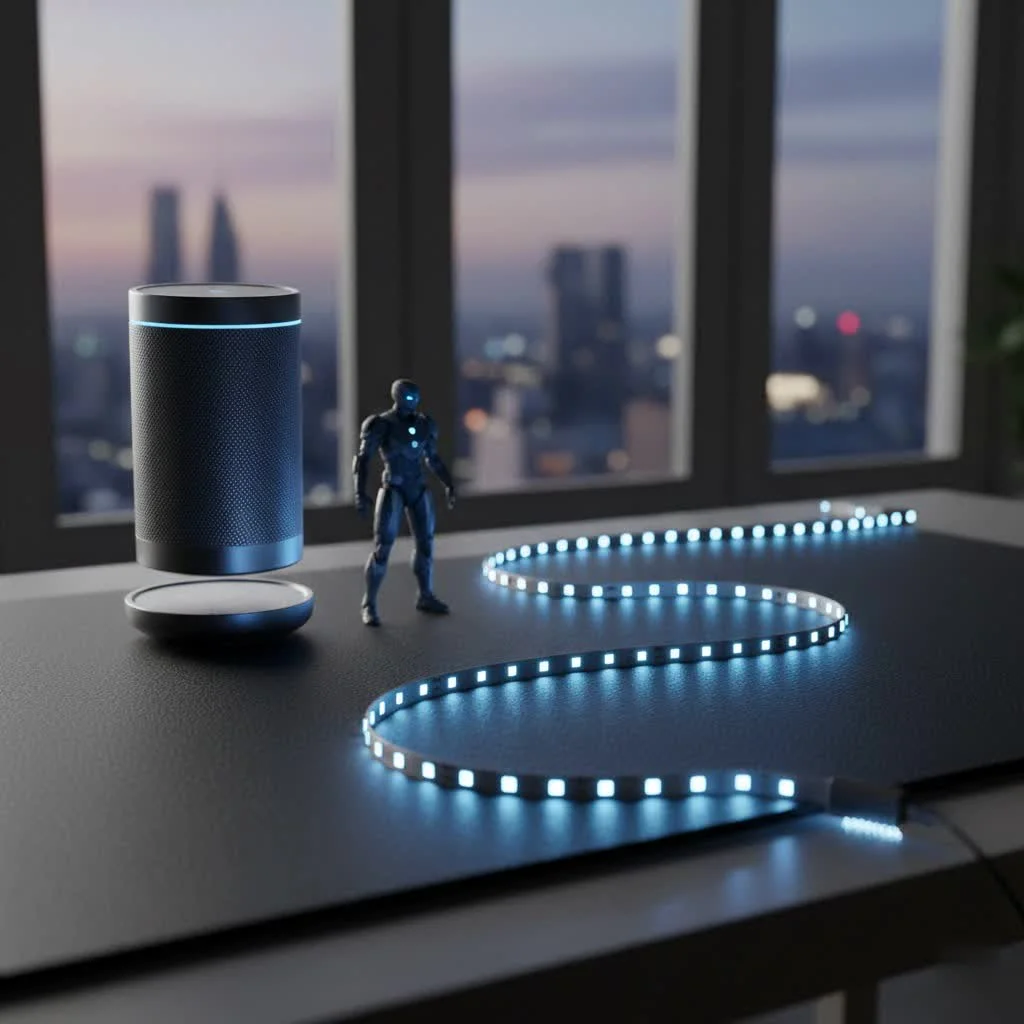Vibrant blue LED strip lights illuminating a modern living space