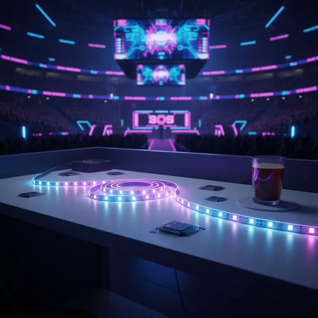 Vibrant neon LED strip lights illuminating a modern living space