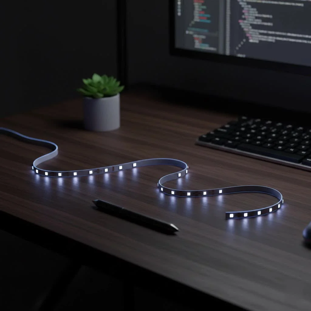 Bright 24V LED strip lights illuminating a modern kitchen counter