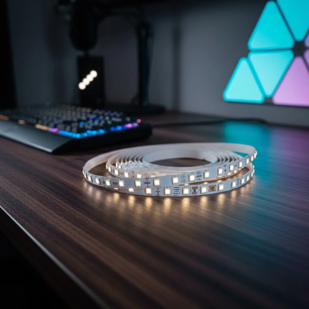 Ultraviolet LED strip illuminating a fluorescent object