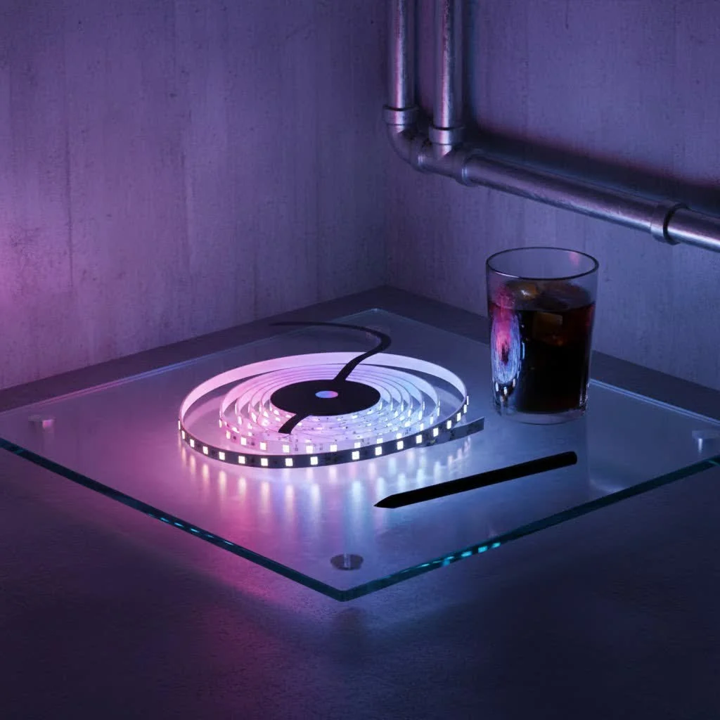 Bright LED strip lights illuminating a modern kitchen island