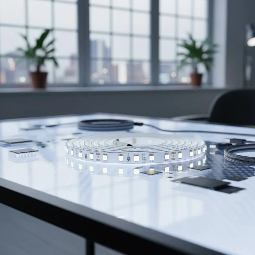 Modern kitchen with under cupboard LED strip lights illuminating the countertop