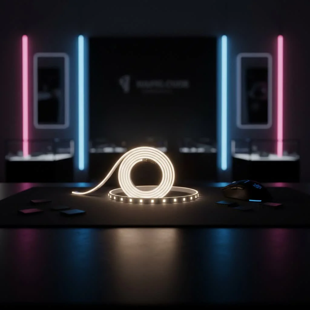 Rechargeable LED strip lights illuminating a modern kitchen counter