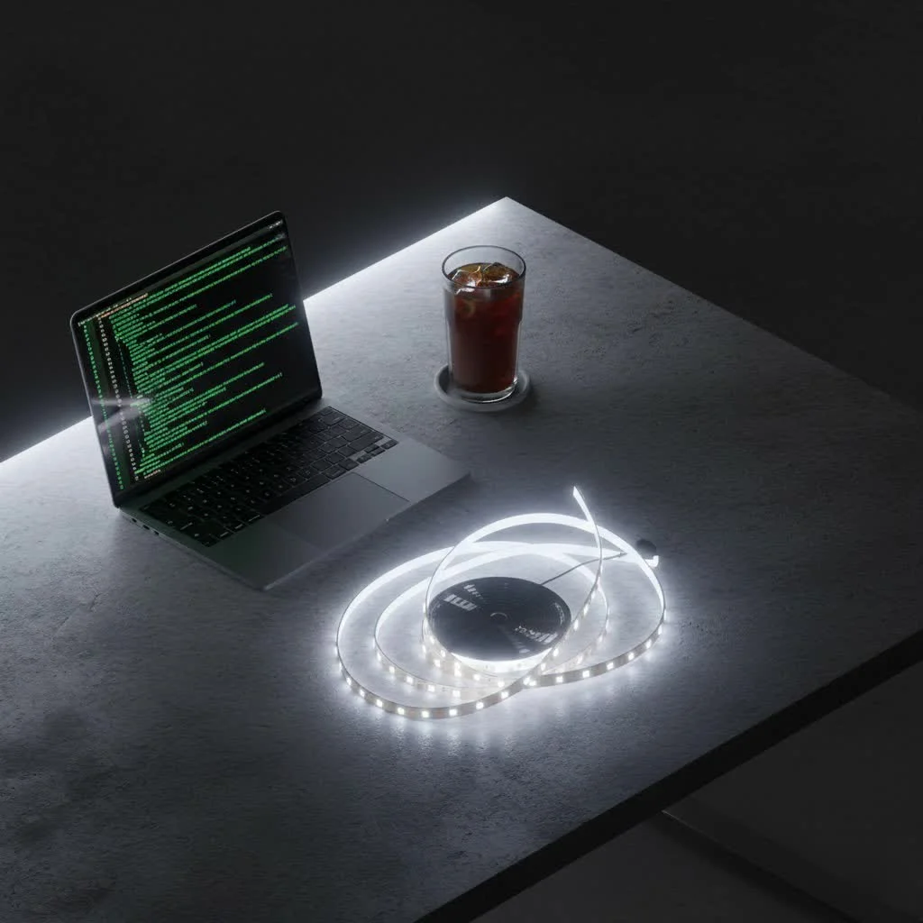 Solar LED strip lights illuminating an outdoor patio at dusk