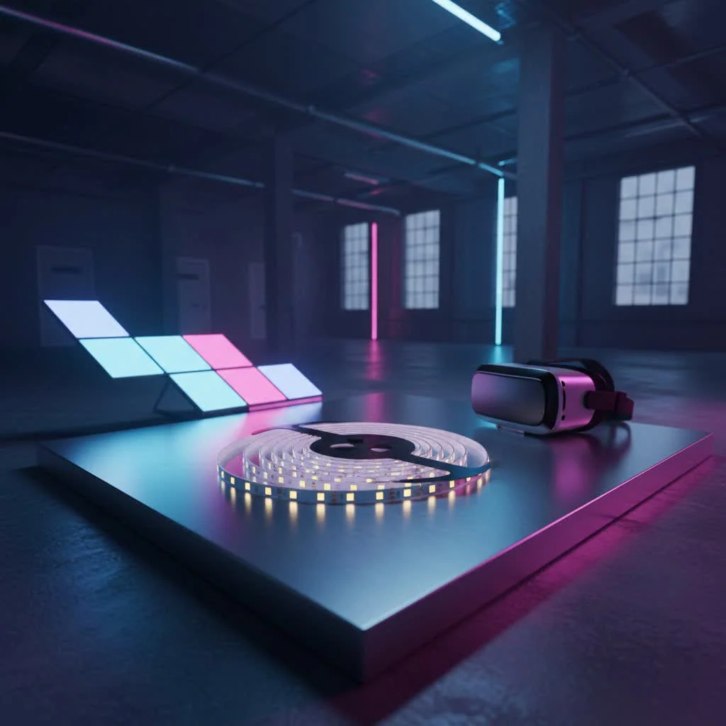 Bright LED strip lights illuminating a garage workshop