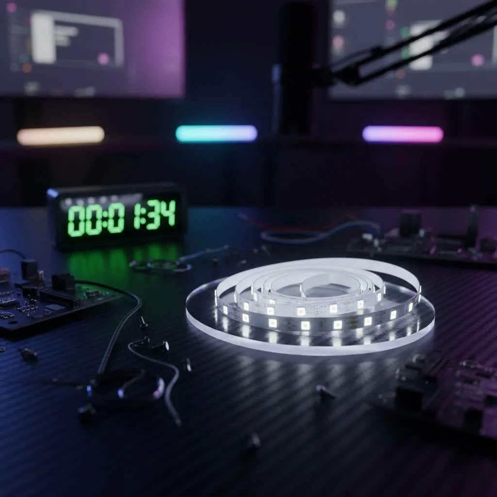 White LED strip light illuminating a modern kitchen counter