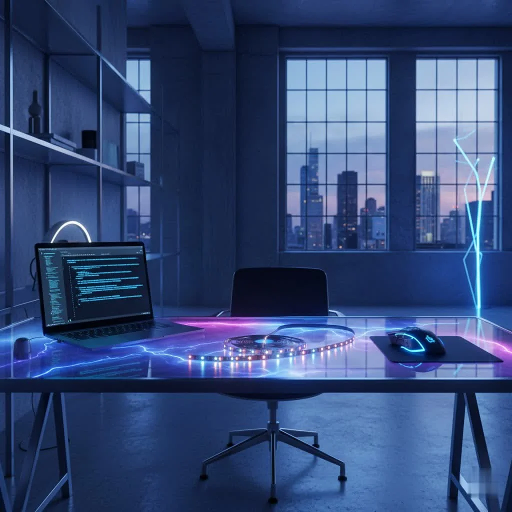 Battery operated LED strips illuminating a modern kitchen