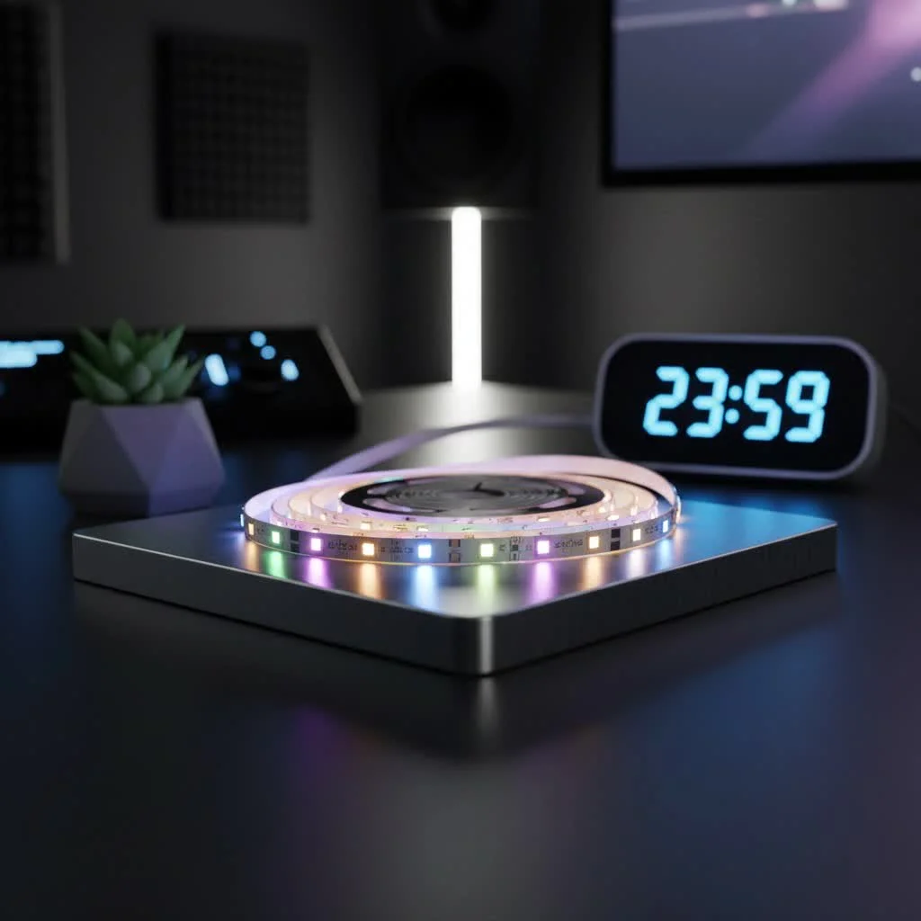 Modern kitchen with under cabinet LED strip lighting illuminating countertops