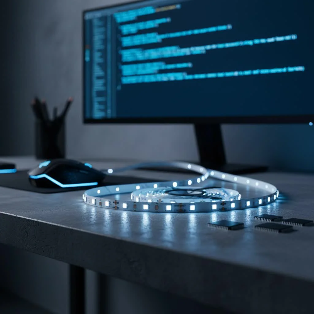 Smart LED strip lights illuminating a modern living room