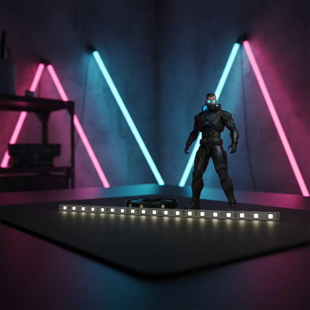 WS2812B LED strip displaying a colorful, dynamic light pattern